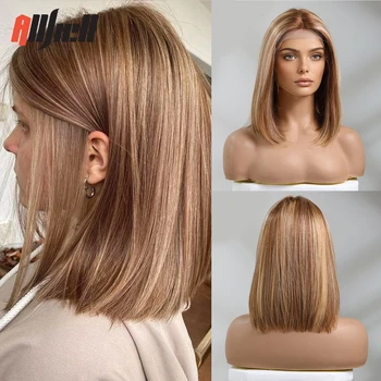 14 hüvelyk barna, arany emberi hajjal Paróka fekete nőknek Meleg szőke kiemelés Csipke elülső haj Rövid egyenes Bob emberi haj