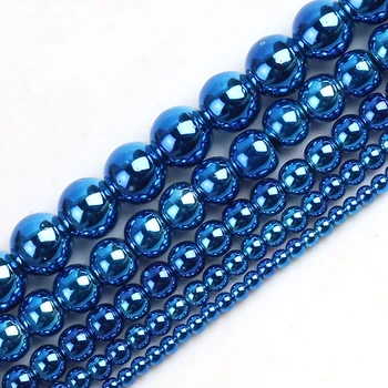 2/4/6/8/10mm Természetes kő Kék bevonatú hematit kerek laza gyöngyök ékszerekhez DIY készítés Charm karkötő kiegészítők 15''