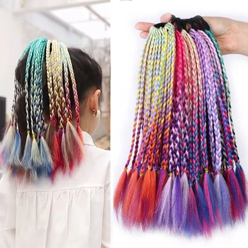 2 db szintetikus hajfonott lófarok hosszabbító Chignon haj kiegészítők gumi ombre fonat hajfestékkel szivárványszínű lányok