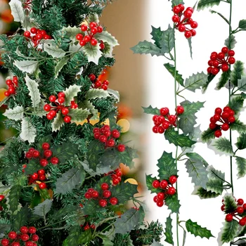 2M Karácsonyi koszorú Mesterséges piros bogyós magyallevél Borostyán szőlő rattan DIY koszorú dekoráció Karácsonyfa dísz Újévi dekoráció
