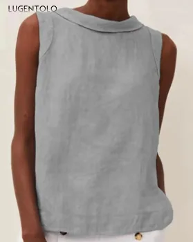Alkalmi vászon póló női kerek nyakú ujjatlan tömör nyári felső női vintage egyszerű pulóver egyenes szárú pólók