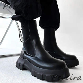 Brit stílusú platform férfi Chelsea csizma divat fekete vastag talpú bőr motoros csizma őszi téli kültéri alkalmi cipő