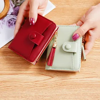 egyszínű bojt pénztárca hordozható rövid cipzáras bojt kártyatartó Koreai stílusú mini rövid pénztárca utazás