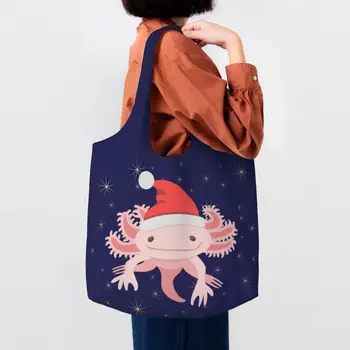 Egyéni Axolotl karácsonyi bevásárlóvászon táska női tartós, nagy kapacitású élelmiszerbolt szalamandra állati táskák vásárlói táskák kézitáskák