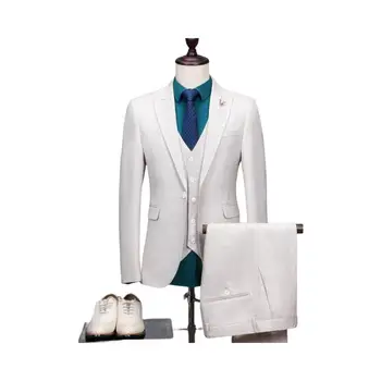 Férfi öltöny Koreai karcsú öltöny Alkalmi üzleti fehér öltöny Háromrészes vőlegény esküvő Legjobb férfi ruha Tuxedo férfi házigazda öltöny