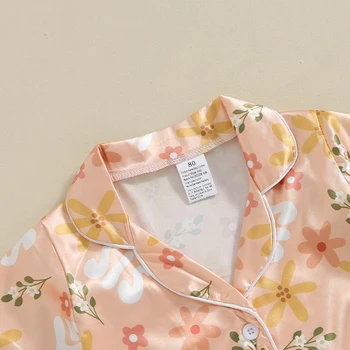 Gyereklányok Nyári pizsama ruhák Virág betűmintás lehajtható gallér rövid ujjú ingek és rugalmas deréknadrág öltöny