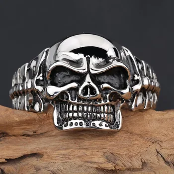 Heavy ezüst fekete színű punk koponya férfi karkötő 100% 316L rozsdamentes acél öntvény mandzsetta karkötő