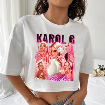 Karol G Crop felsők Karol G Music Tour 2023 ing Karol G rajongói crop topok rózsaszín haj O-nyak rövid ujjú alkalmi női crop topok