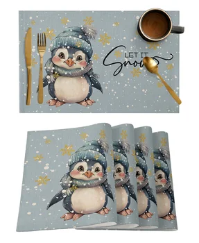 Karácsonyi pingvin hópehely akvarell asztalszőnyeg Ünnepi konyha Étkezőasztal dekoráció Tányéralátét Esküvői parti dekoráció Asztali szalvéta
