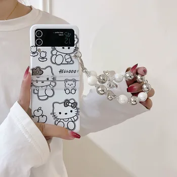 Kawaii Line Hello Kitty Sanrio Phone Case for Samsung Galaxy Z Flip 3 4 5 ZFlip3 ZFlip4 ZFlip5 5G PC Girl ajándék kemény hátlap