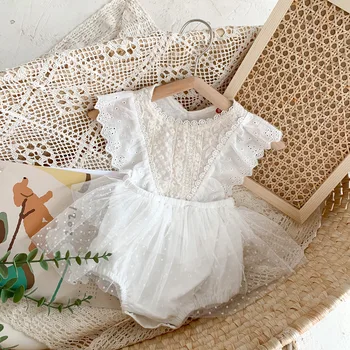Kislány nyári romper ruha Virágos ujjatlan jumpsuit Újszülött Baby Party hercegnő ruhák Csecsemő kisgyermek csipke fodros bodyk