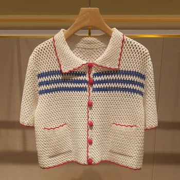 Koreai divat nyári kötött póló Női pulóver Y2k egyedi üreges felső bordás ing csíkos rövid ujjú alkalmi póló