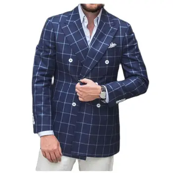 kék kockás blézer öltöny férfiaknak egyedi kockás kabát esküvői vőlegény ruha csúcsos hajtóka dupla mellű férfi kabát 1 kabát csak
