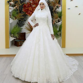 Magas nyakú hosszú ujjú muszlim A-vonalú esküvői ruhák Hivatalos menyasszonyi ruhák 2020 Egyéni online Vestidos De Mariee Közel-Kelet