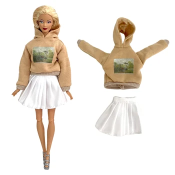 NK 1 szett hercegnő alkalmi kapucnis hosszú ujjú fehér A-vonalú szoknya divat őszi ruhák Barbie kiegészítőkhöz baba lány ajándék játék