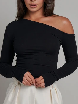  női hosszú ujjú pólók tömör egyvállú karcsú szabású egyszínű crop top