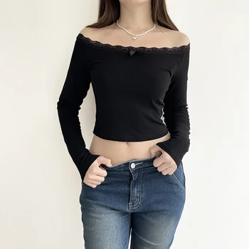 Nők Crop Off-Shoulder felsők Csipke patchwork hosszú ujjú ing Alkalmi pulóverek klub Streetwear Esztétikus ruhák Y2k