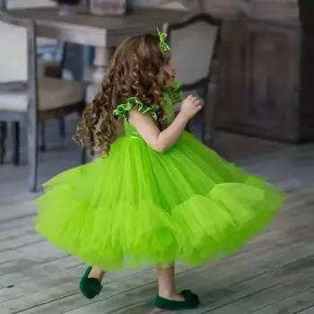 Princess Green Flower lányruha esküvőre O-nyakú puffadt tüll elegáns szépségverseny születésnapi zsúr elsőáldozási báli ruha
