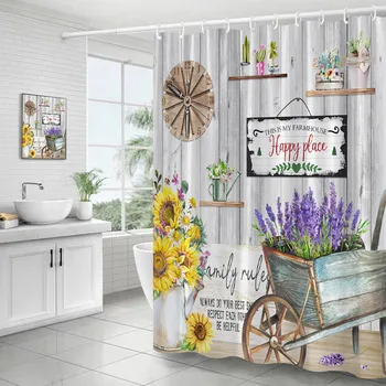 Rusztikus Farm virágok Zuhanyfüggönyök Napraforgó Levendula Vintage szürke Fa tábla Kosár Poliészter szövet Fürdőszoba dekoráció horgokkal