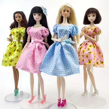 Tavaszi pöttyös bowknot napraforgó ruha Barbie baba ruhákhoz estélyi ruhák ruhák Barbie babákhoz Ruhák kiegészítők 1:6