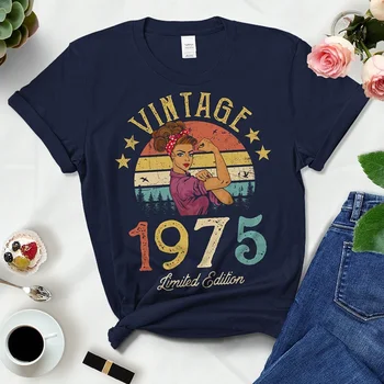 Vintage 1975 limitált kiadású fekete pamut pólók női retro nyári divat 49. 49 éves születésnapi party póló női felső
