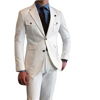 White Slim Fit Notch Lapel Blazer nadrág Férfi öltönyök szettek Egyedi készítésű több zseb Esküvői ruházat 2Db kabát nadrág