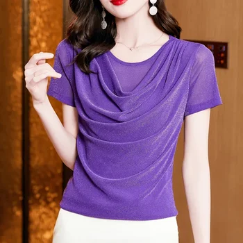Új 2024-es nyári rövid ujjú női póló divat alkalmi O-nyakú egyszínű hálós felsők M-3XL Blusas B44
