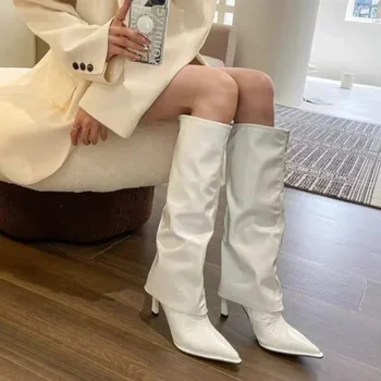 Új nyugati cowboy csizma női divat slip-on hosszú cső csizma női szexi vékony magas sarkú trend térd magas botas 2024