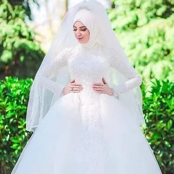 2021 hidzsáb hosszú ujjú muszlim esküvői ruha színes csipke rátét bolyhos seprő vonat menyasszonyi ruha testreszabható szín