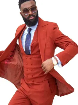 2022 Új érkezésű narancssárga férfi öltönyök Egyedi gyártású slim fit blézer esküvőre rovátkolt hajtókás kabát vőlegény viselet 3db kabát + mellény + nadrág