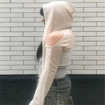 2023 Hosszú ujjú kapucnis pólók vállról szexi haradzsuku pólók Nők Y2k Aesthetic Grunge Streetwear Crop Top vékony kardigán