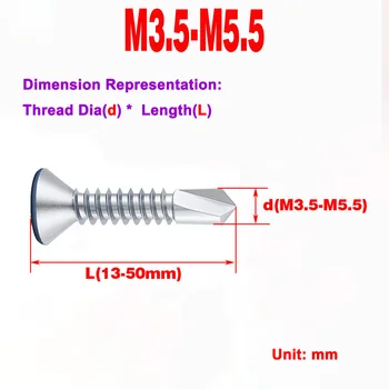 304 Rozsdamentes acél süllyesztett fejű farokfúró csavar/laposfejű Phillips csavar M3.5-M5.5
