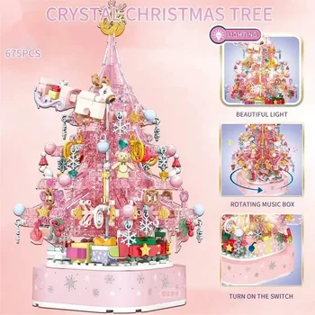 675DBS Kristály karácsonyfa építőelemek Romantikus rózsaszín zenedoboz könnyű modell kockákkal Asztali dekoráció Gyermek ajándékok