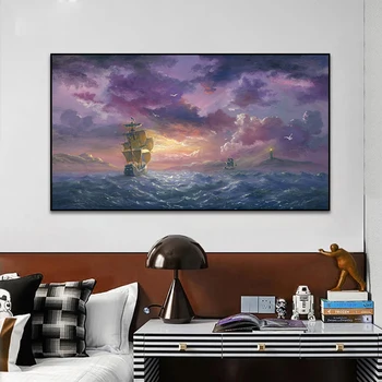 Absztrakt olajfestmény Művészet Vászon nyomtatás Tengeri tájkép Hajó világítótorony Plakátok Nyomatok Vászonfestés Falkép Nappali dekoráció