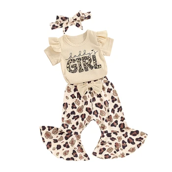 Baby Girls Summer 3DB szettek Rövid ujjú fodros Romper felsők Leopárd mintás kiszélesedő nadrág fejpánt szettek