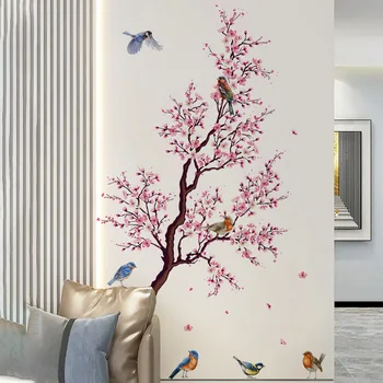 Barackvirág ág és madártapéta fali matricák a nappalihoz Hálószoba dekoráció Nagy méretű háttér fali matrica falfestmények
