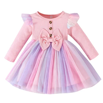 BeQeuewll Toddler Girls 2023 őszi hercegnő ruha hosszú ujjú fodros tüll patchwork ruha masni dekorációval