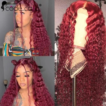 Burgundi csipke elülső parókák Emberi haj előre kitépett 99J mélyhullámú paróka 13×4 HD csipke elülső paróka nőknek Piros színű göndör parókák