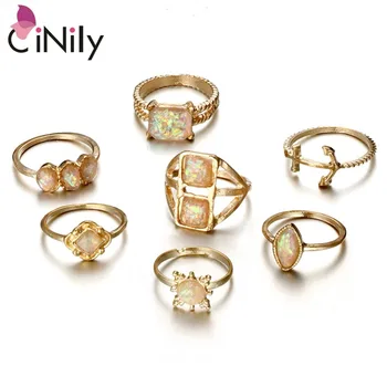 CiNily Created White Opal Bohemian geometriai mintás vintage gyűrűk 7db / szett Sárga arany színű női ékszergyűrű SJ004