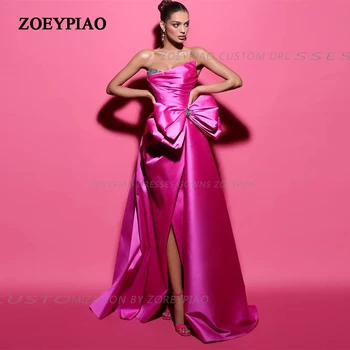 Divat egyedi ruha estélyi ruha ujjatlan forró rózsaszín A Line Bow Party ruhák nőknek Szatén masni gyöngyök Hosszú vestidos de noche