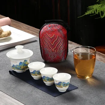 Edények kerámia teáskannák 3 teáscsészével Porcelán Gaiwan Kung Fu teáskészlet hordozható Teaware Travel teáskészlet Italkészlet ajándékok
