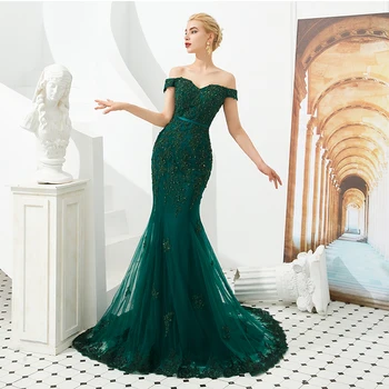 Elegáns sötétzöld sellő hosszú estélyi ruha nőknek 2022 Luxus rátétek gyöngyöző seprővonat Hivatalos báli esküvői ruha