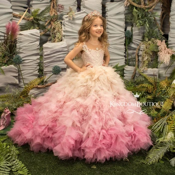 EVLAST 2023 rózsaszín réteges fodros virágos lányruha esküvőre tüll gyöngyfűző rátétekkel Elsőáldozási ruha szépségverseny ruha TFD069