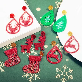 FishSheep Glitter akril jávorszarvas karácsonyi harisnyacsepp fülbevaló nőknek Aranyos állatok Szarvasgyanta lógó fülbevaló Ékszer ajándékok