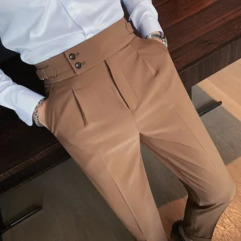 Férfi brit stílusú öltönynadrág Új férfi tömör magas derékú nadrág Kiváló minőségű férfi Formális Slim Fit Business alkalmi öltöny nadrág