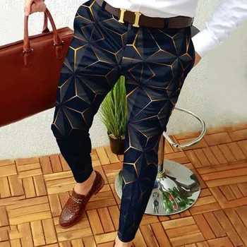 Férfi Slim Fit Print cipzáras gombos nadrág öltöny nadrág férfi alkalmi divat hosszú nadrág