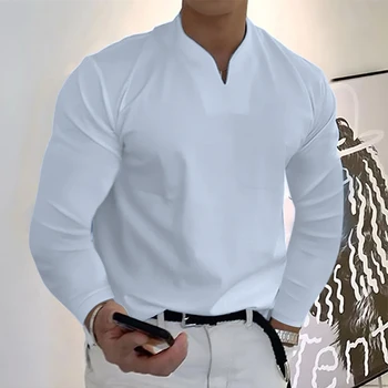 Férfi Őszi V nyakú hosszú ujjú ruha ingek Slim Collar Office blúz felsők Póló Business Casual Rugalmas Solid Solid Pamut pólók