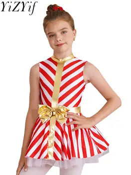 Gyereklányok Karácsonyi Mikulás jelmez Candy Cane Balett Dance Tutu Leotard ruha Ujjatlan csíkos korcsolyázás Előadás Táncruházat