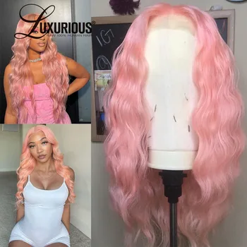 Hosszú rózsaszín Body Wave parókák nőknek Előre kopasztott emberi haj HD átlátszó csipke elülső parókák Brazil emberi haj parókák