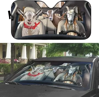 Kecskék Vicces állatok kerekeken Balkormányos autó Napernyő, Vicces kecskecsalád szemüveget visel Autóvezetés Napernyő, Kecskefarm